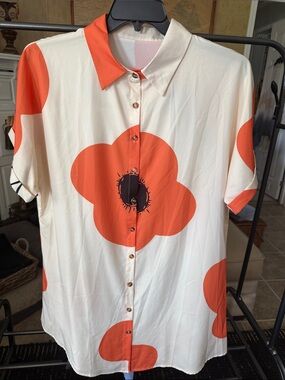 Cream Button-Up mini dress with Bold Orange Floral Print 0032